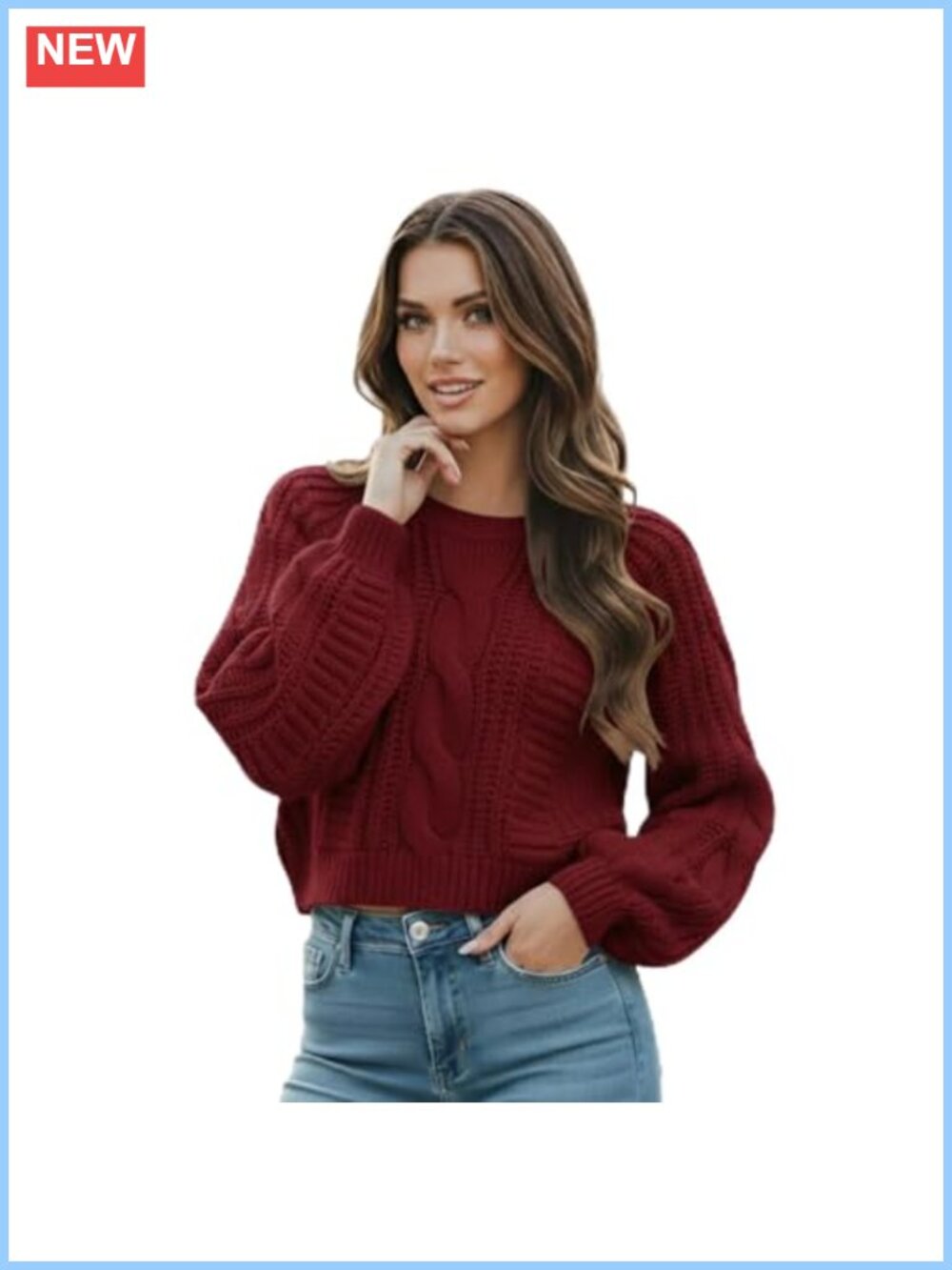 Cropped Cable Knit Sweater Soft Warm Long Sleeve Pullover Fall Winter